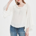 off-shoulder loose fit blouse for girls with large bell flared sleeves white rayon soft women blouse with ruffles